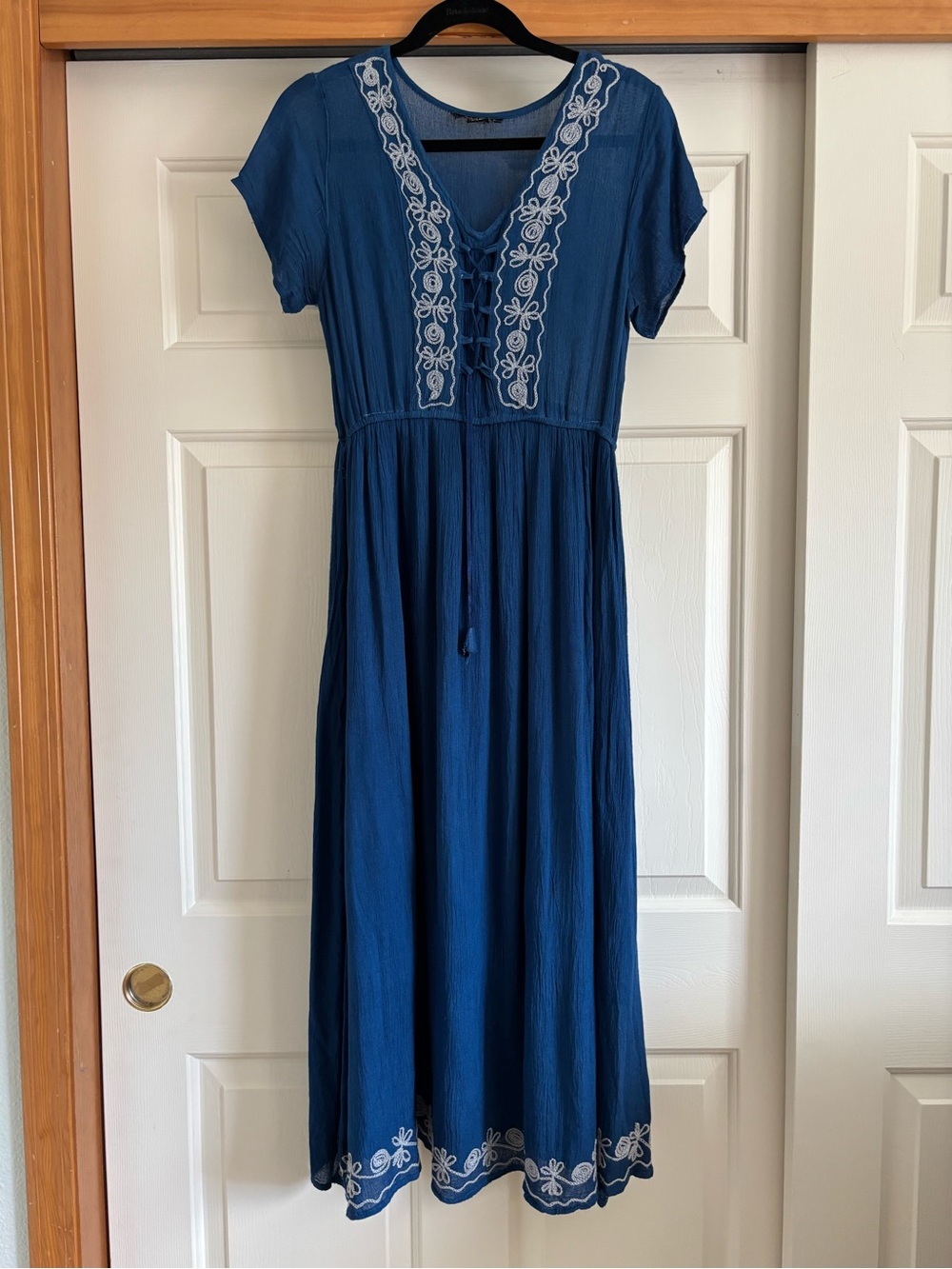 Embroidered Navy Peasant Maxi Dress with Tie Front Detail